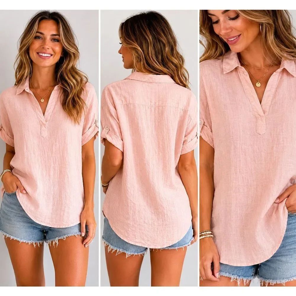 Cynthia Rowley Linen Pink Popover Tunic Blouse Women Small